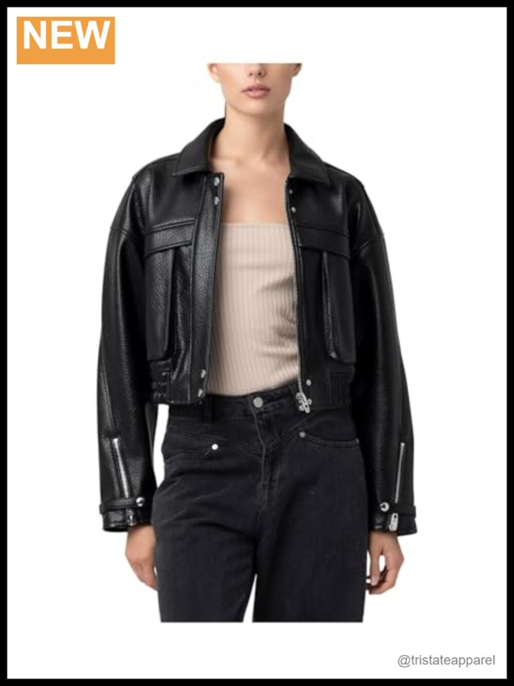 Vegan Leather Bomber Jacket with Zip Cuffs and Pockets
